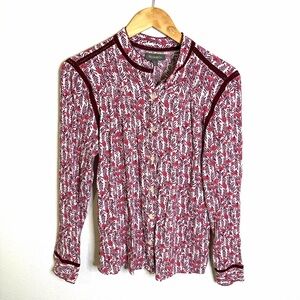 Cottagecore boho 100% Rayon Style & Co. Burgundy White floral Blouse top button